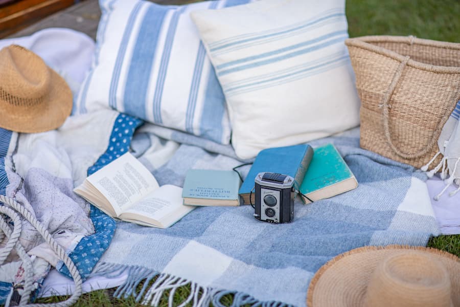 Pale blue and white chequered throw styled with blue and white striped cushions, a selection of books positioned to the centre, three are closed (pale blue, bright blue and turquoise) and one is open positioned to the left of the other three books and an old school camera is sat in front of the closed books. There is a straw hat in the top left corner and a second in the bottom right corner and a straw bag positioned just to the above. The perfect relaxing picnic scene.