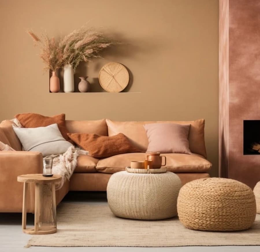 Bohemian inspired living room using a combination of golden wheat and warm peachy tones