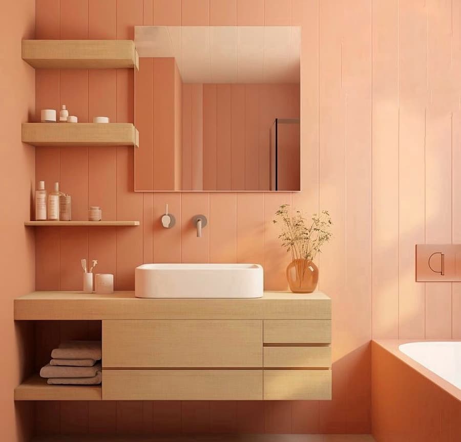 Peach Fuzz colour theme combined with beech wooden units