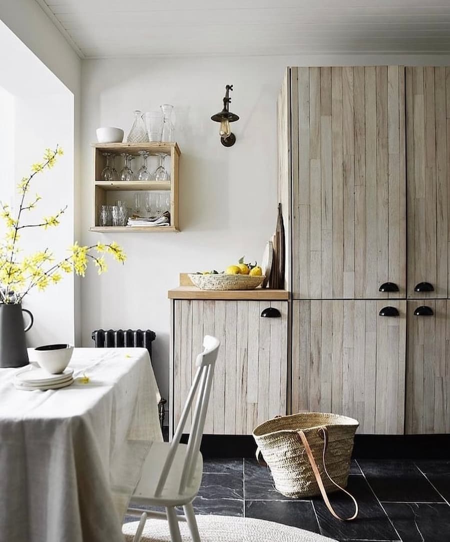 reclaimed kitchen made from the floor boards of an old club dance floor