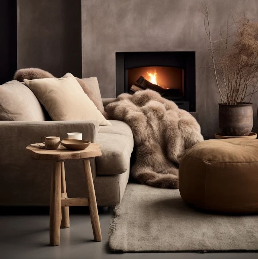 cosy, inviting living room using various shades of brown with an open fire