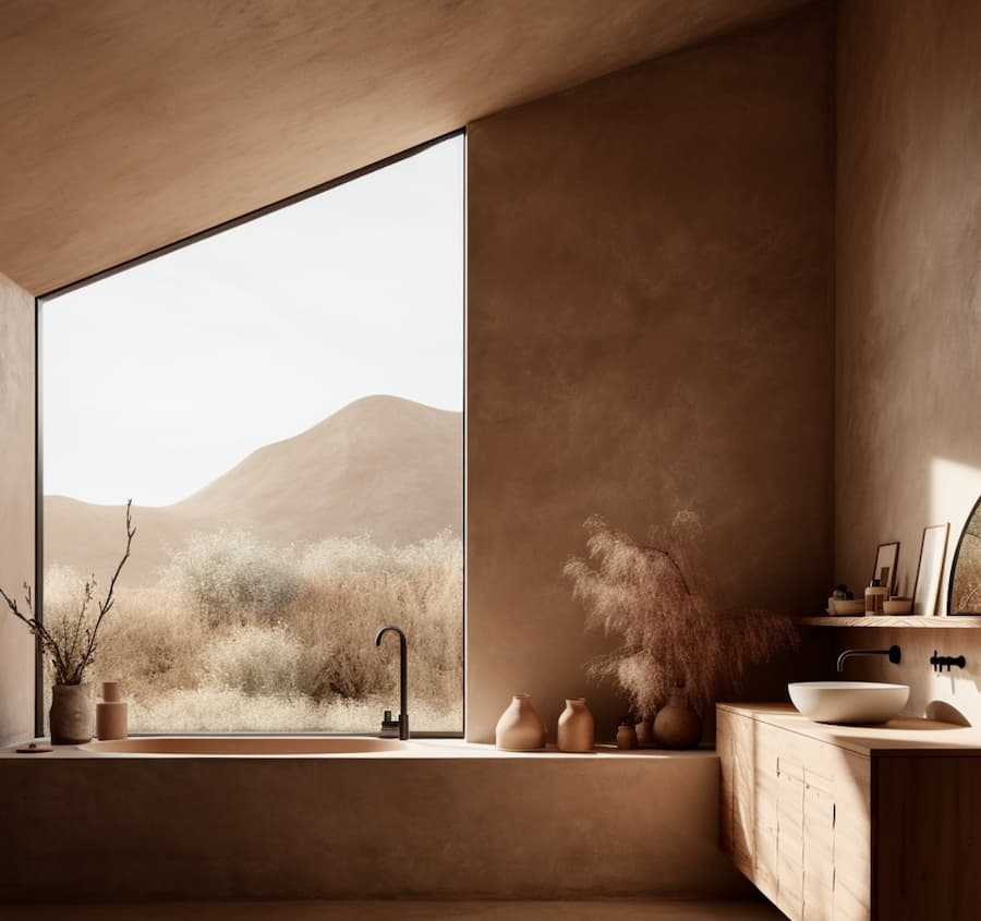 bathroom concept design with the bath positioned next to a large window looking out to a hilly countryside