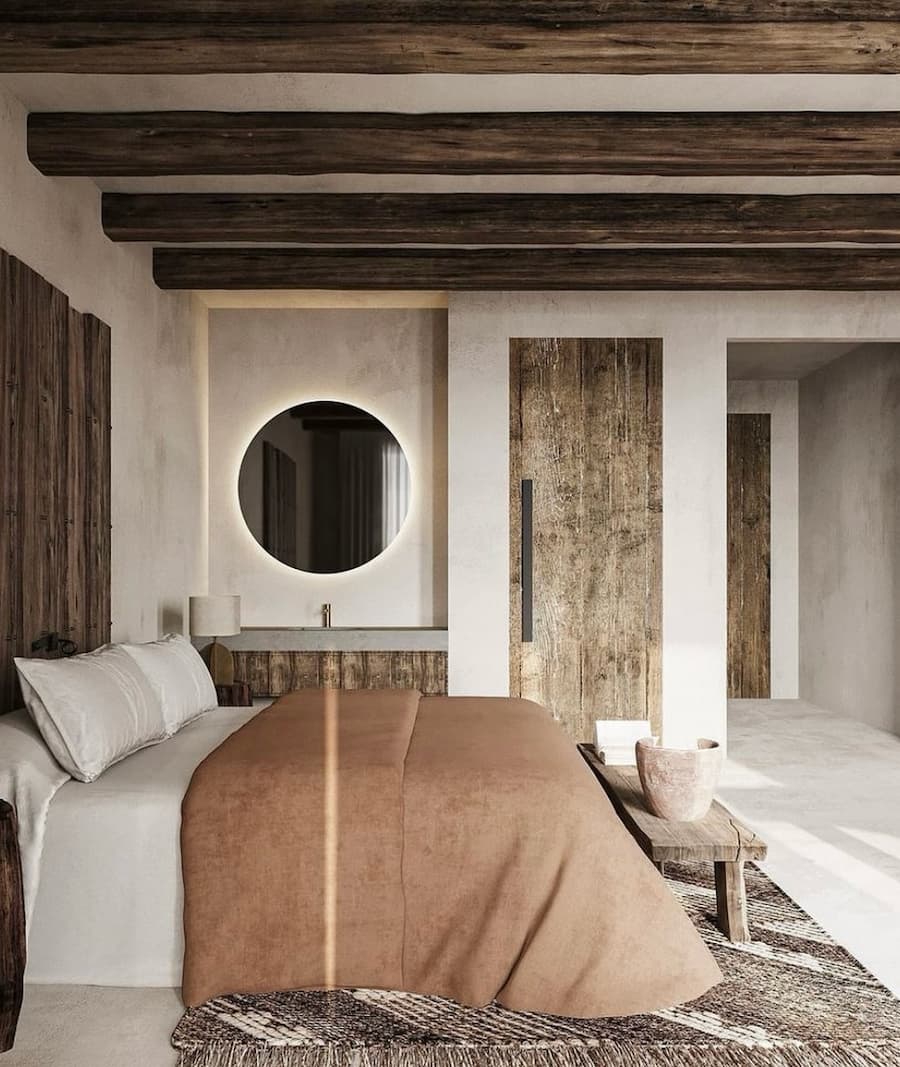 bedroom concept in tones of soft browns and wood
