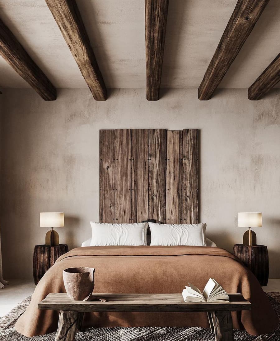 neutral toned bedroom design with rustic wood centre wall panel