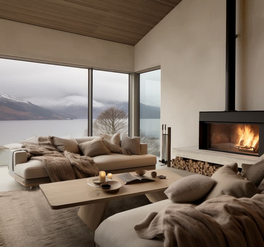 modern living room space with full length glass window looking out to a mountainous scene