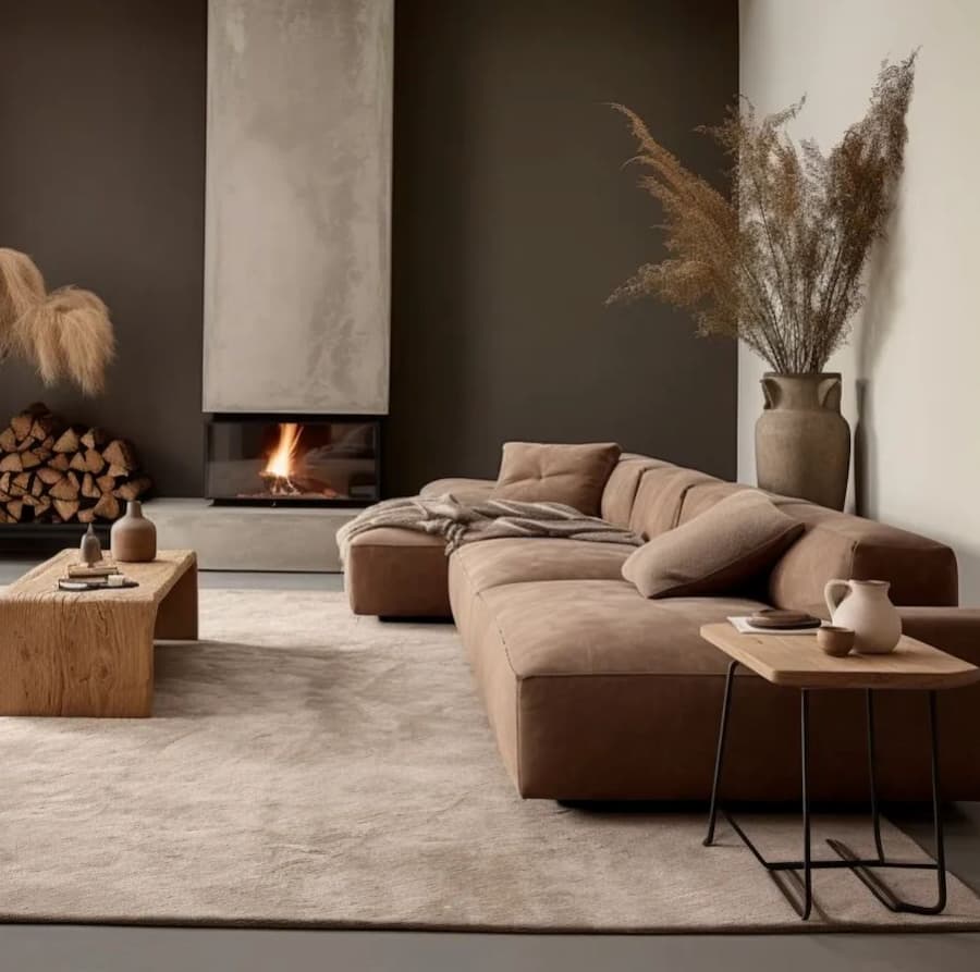 living room concept in varying tones of brown, with a large sofa to one side and a modern fireplace in the centre