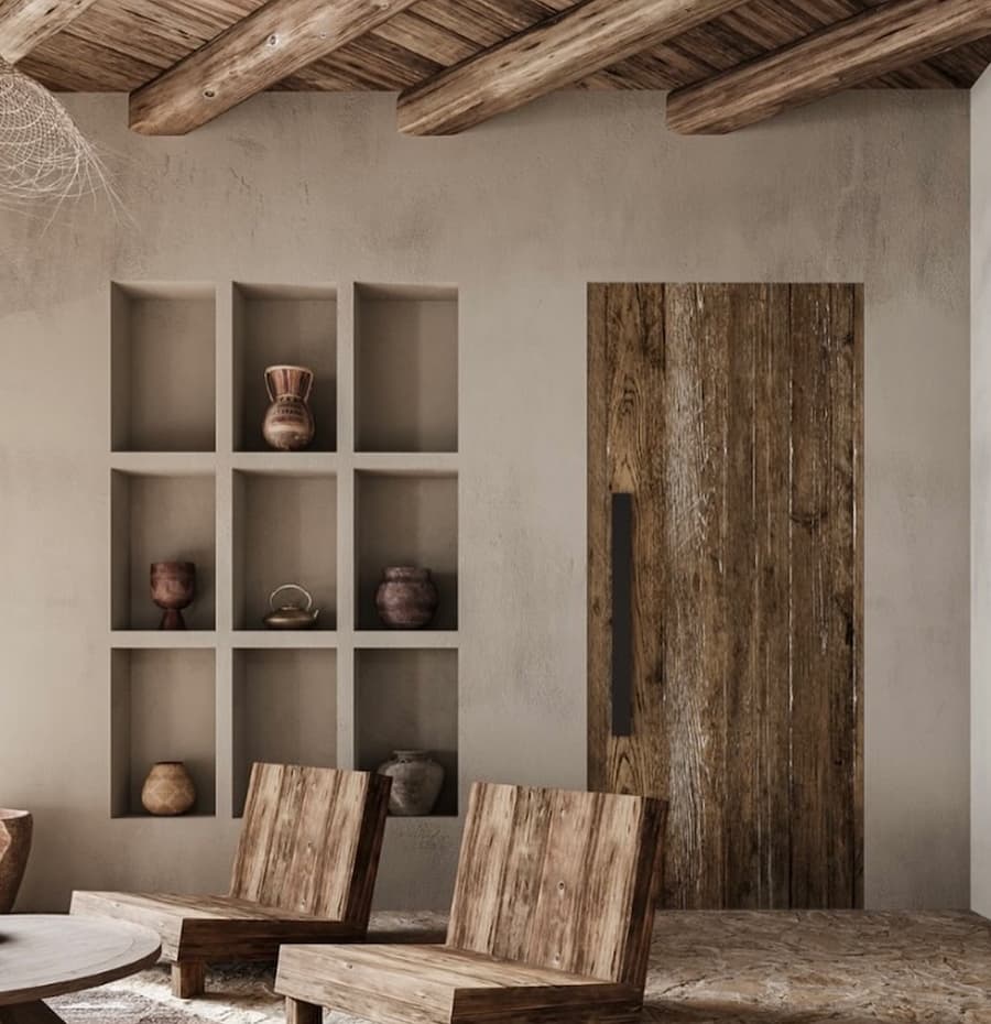 living space with rustic wooden chairs and door