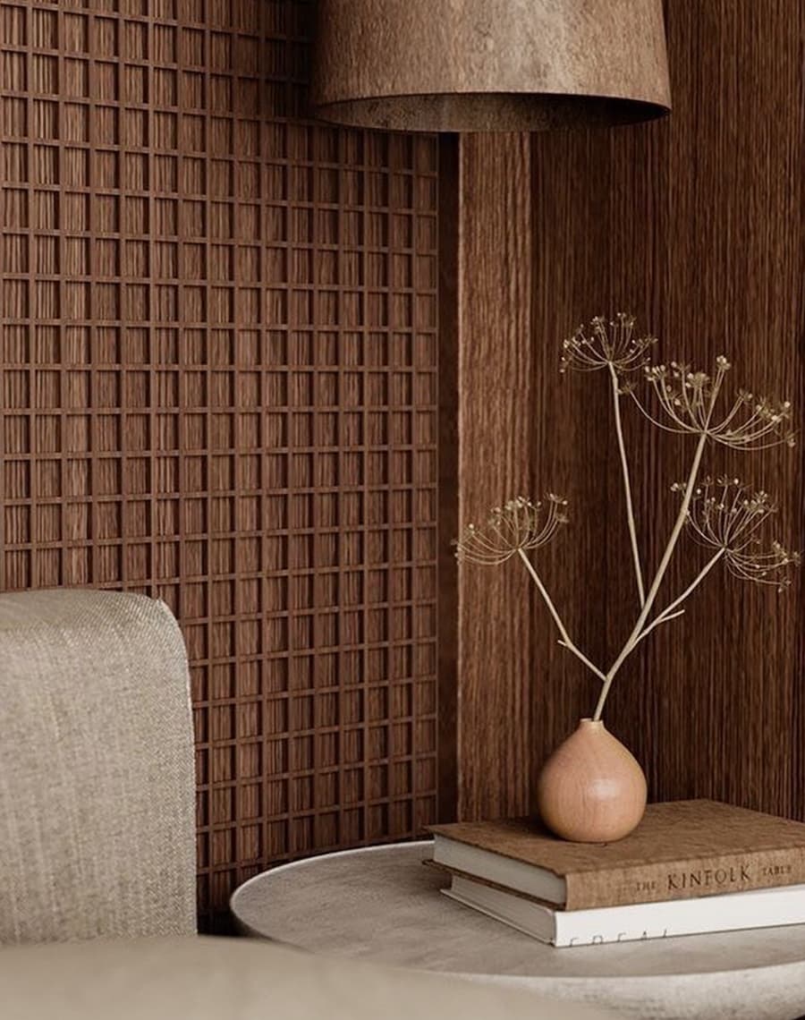 Modern styling with textured dark wooden wall panelling