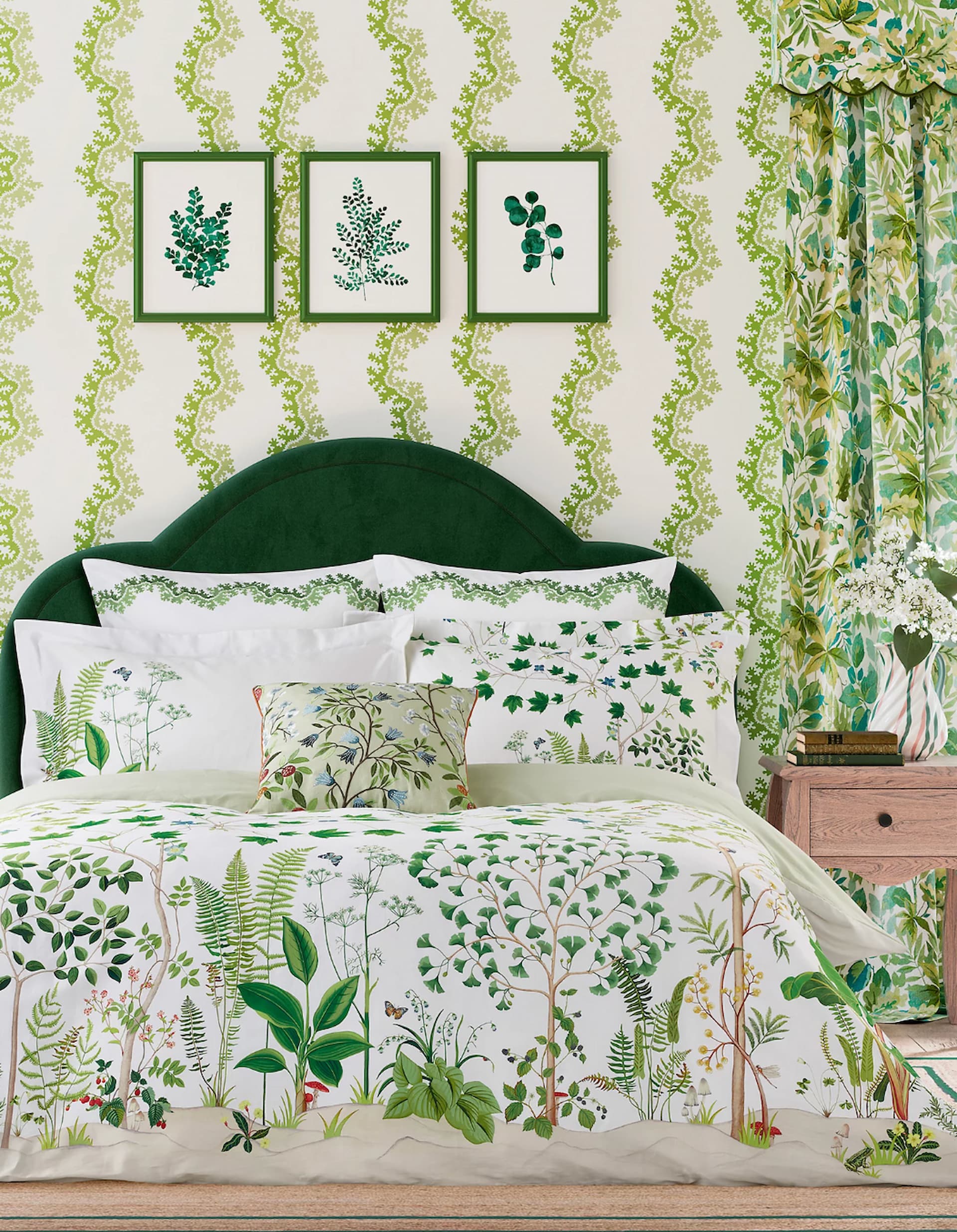 botanical themed bedroom of green and white