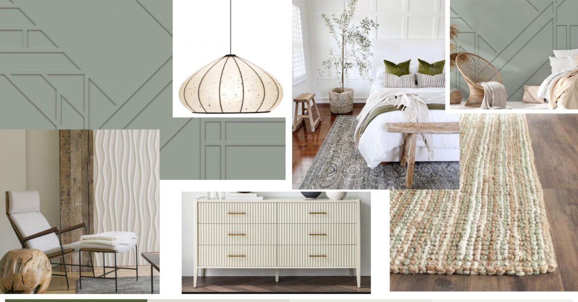 A mood board of 7 images showcasing different home decor items. The images include a green geometric panelled wall; a white pendant light; a bedroom with a white bed, green pillows and a wooden bench at the foot of the bed; a living room with a wooden chair, a white rug and a wooden side table; a white dresser with gold handles and a multicolored rug with a geometric pattern. The colour theme is Sage Green and Neutral tones.