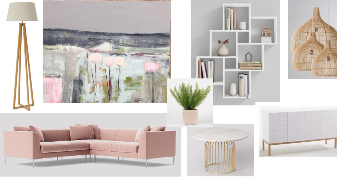 A mood board of images of furniture and home decor items. The images include a pink sofa, a white coffee table, a wooden bookshelf, a white sideboard, a green potted plant, a floor lamp, and an abstract painting. The colour theme is a soft pink and neutral colour palette.
