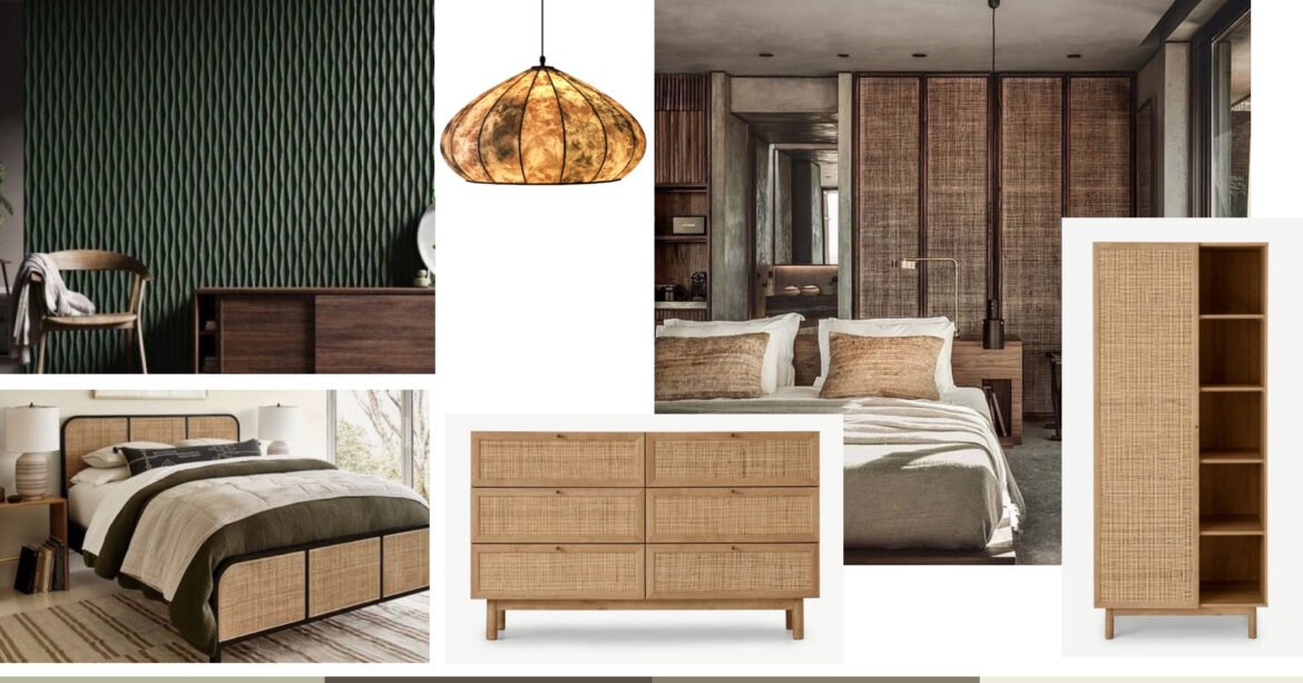 A mood board of 6 images showcasing different furniture and interior design styles. The images include a bedroom with a green accent wall and a wooden chair; a hanging light fixture with a unique design; a bedroom with a rattan effect wardrobe in the background ; a bed with a wooden headboard and a grey throw; a wooden dresser with a woven design on the front; and a tall wooden single wardrobe with a woven design on the front. The colour theme is varying shared of green.
