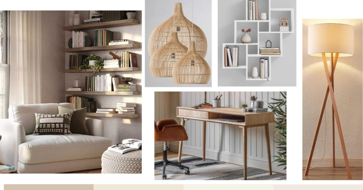 A mood board of five images showcasing different furniture and home decor items. The images include a living room with a beige sofa, a bookshelf, and a coffee table; a woven pendant light in the shape of a teardrop; a desk with a chair and a shelf above it; a floor lamp with a wooden tripod base and a white lampshade; and a white shelf with various decorative items on it. The colour theme is a selection of beige and neutral tones.