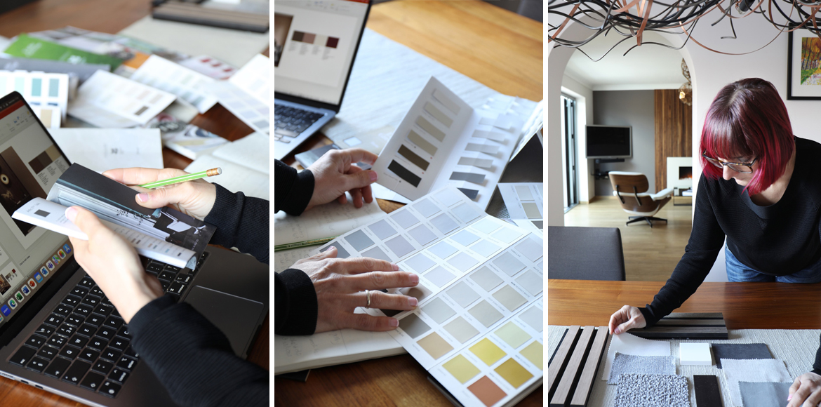 A trio images (i). working at the laptop with colour charts spread out over the desk, (ii). a person holding open a colour swatch card open. (iii). a female working with wall and floor samples to create a mood board.