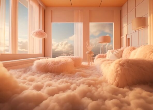 Pantone colour of the year 2024 Peach Fuzz Fluffy cloud computer generated living room of Pantone's colour of the Year, Peach Fuzz